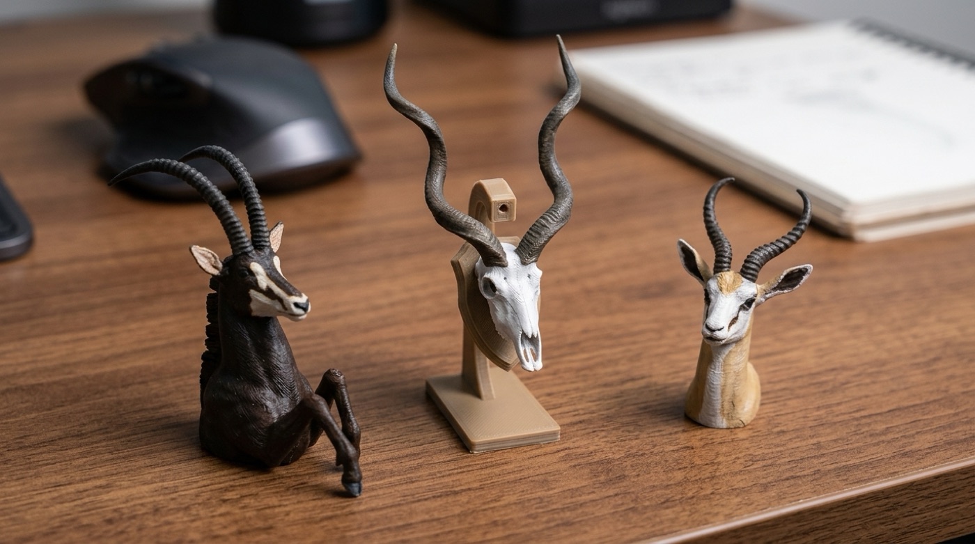 Three miniature African plains game replicas, hand-painted, of varying mount styles