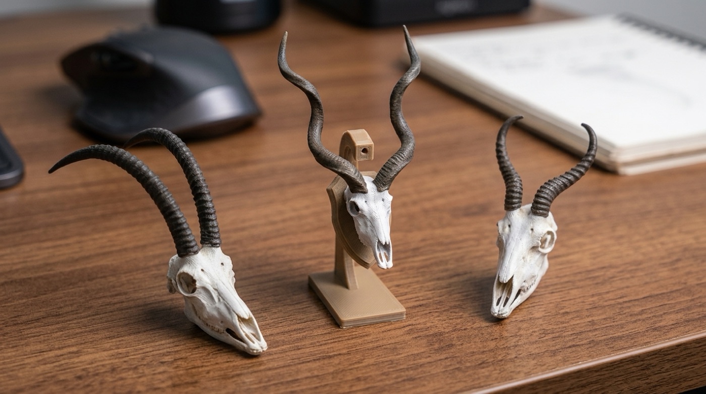 The same three plains game replicas shown as natural skull-and-horn mounts