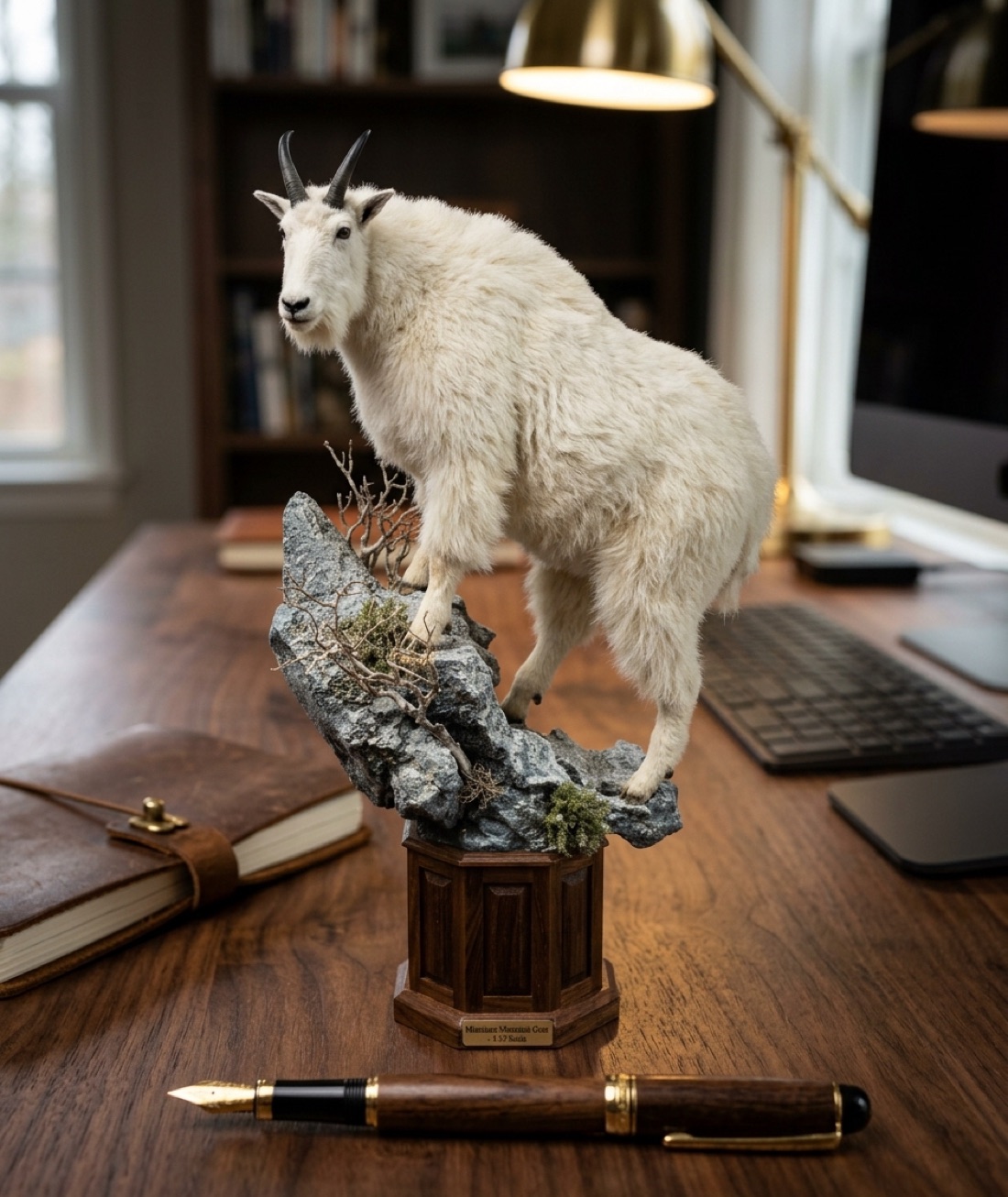 Miniature mountain goat replica on a hand-finished rock diorama base