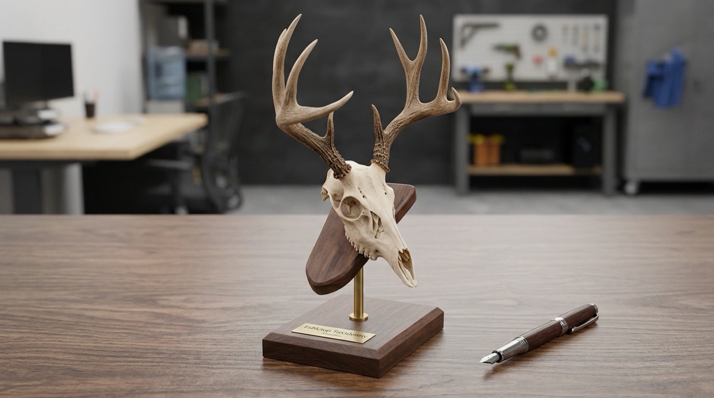 Miniature whitetail euro mount replica on a wood plaque with a brass stand