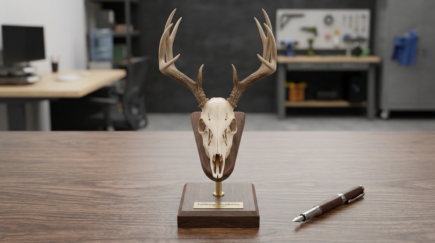 Miniature whitetail euro mount replica displayed on a desk